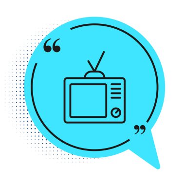 Siyah çizgi Retro TV simgesi beyaz arkaplanda izole edildi. Televizyon tabelası. Mavi konuşma balonu sembolü. Vektör.