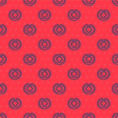 Mavi çizgi domates ikonu kırmızı arkaplanda izole edilmiş pürüzsüz desen. Vektör.