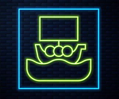 Glowing neon line Ancient viking scandinavian drakkar icon isolated on brick wall background. Viking transport ship. Vector.