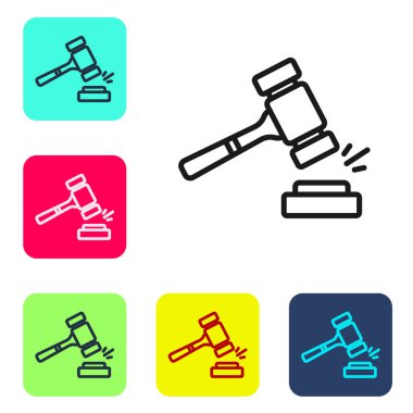 Beyaz arka planda siyah çizgi açık arttırma çekici simgesi izole edildi. Gavel, yargıç ya da müzayedecinin çekici. Teklif süreci, anlaştık. Açık arttırma teklifi. Renkli kare düğmelerle simgeleri ayarla. Vektör.