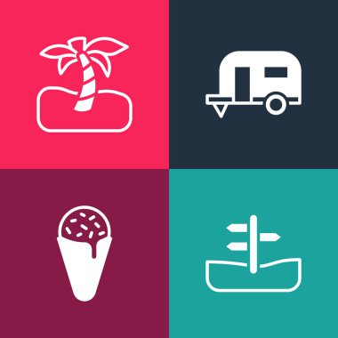 Set pop art Road traffic sign, Ice cream in waffle cone, Rv Camping trailer and Tropical palm tree icon. Vector.