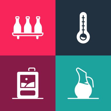 Set pop art Decanter for wine, Cardboard box of, Meteorology thermometer and Bottle icon. Vector.