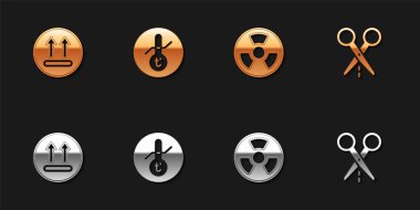 Set Temperature wash, Meteorology thermometer, Radioactive and Scissors with cut line icon. Vector.