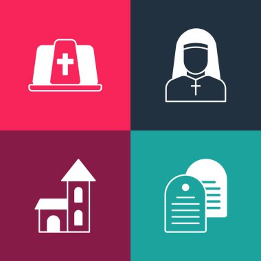 Set pop art Holy bible book Church building Nun and Pope hat icon. Vector.
