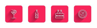 Set line Cocktail, Beer bottle, Pack of beer bottles and Alcohol 21 plus with long shadow. Red square button. Vector.