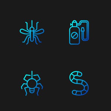 Set line Worm, Spider, Mosquito and Pressure sprayer. Gradient color icons. Vector.