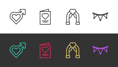 Set line Heart with male gender, Greeting card, Wedding arch and Carnival garland flags on black and white. Vector.