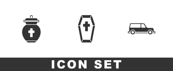 Set Funeral Urn Coffin Cross Hearse Car Icon Vector — Stockový vektor