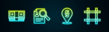 Set line Bribe money cash, Paper analysis magnifying, Location law and Prison window. Glowing neon icon. Vector.