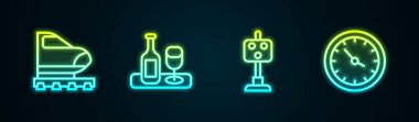 Set line High-speed train, Wine bottle with glass, Train traffic light and station clock. Glowing neon icon. Vector.