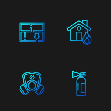 Set line Fire extinguisher, Gas mask, Evacuation plan and burning house. Gradient color icons. Vector.
