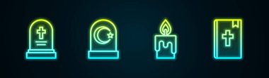 Set line Grave with tombstone, Muslim cemetery, Burning candle and Holy bible book. Glowing neon icon. Vector.