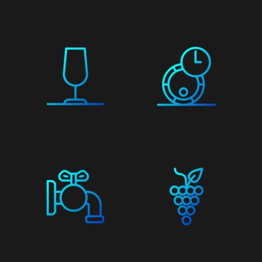 Set line Bunch of grapes, Tap for barrel, Wine glass and Wooden wine. Gradient color icons. Vector.