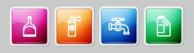 Set line Dustpan, Air freshener spray bottle, Water tap and Bottle for cleaning agent. Colorful square button. Vector.
