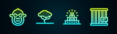 Set line Monkey African tree Chichen Itza in Mayan and Animal cage. Glowing neon icon. Vector.