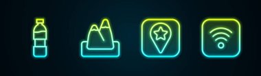 Set line Bottle of water Mountains Location for camping and Wi-Fi wireless internet. Glowing neon icon. Vector.