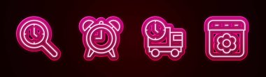 Set line Magnifying glass with clock Alarm Delivery truck and time and Calendar spring. Glowing neon icon. Vector.