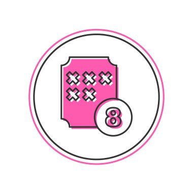 Bingo kartında bingo ya da piyango topunun ana hatlarıyla doldurulmuş şanslı sayı simgesi beyaz arkaplanda izole edilmiş. Vektör.