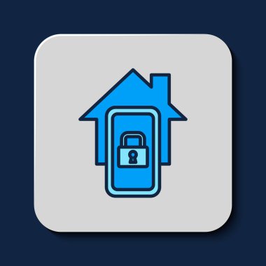 Filled outline Mobile phone with smart home icon isolated on blue background. Remote control. Vector.