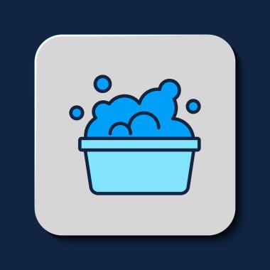 Filled outline Plastic basin with soap suds icon isolated on blue background. Bowl with water. Washing clothes, cleaning equipment. Vector.