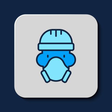 Filled outline Nuclear power plant worker wearing protective clothing icon isolated on blue background. Nuclear reactor worker. Vector.