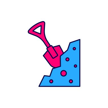 Filled outline Shovel and stone icon isolated on white background. Gardening tool. Tool for horticulture, agriculture, farming. Vector.