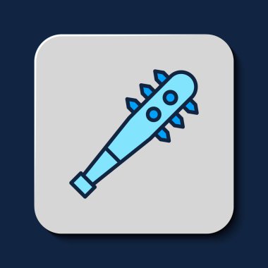 Filled outline Medieval chained mace ball icon isolated on blue background. Morgenstern medieval weapon or mace with spikes. Vector.