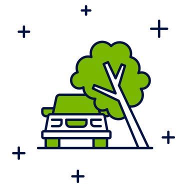 Beyaz arka planda izole edilmiş devrilmiş ağaç simgesi tarafından hasar görmüş bir araba. Otomobil sigortası davası. Ağaçlı araba kazası, trafik kazası. Vektör.