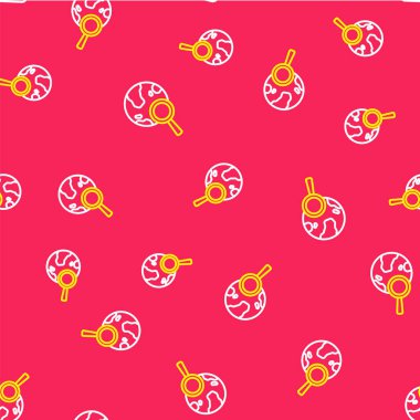 Küre simgesine sahip çizgi büyüteci kırmızı arka planda izole edilmiş pürüzsüz desen. Dünyayı analiz ediyorum. Küresel arama işareti. Vektör.