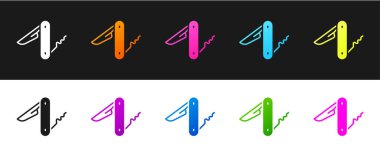 İsviçre ordu bıçak ikonu siyah beyaz arka planda izole. Çoklu alet, çok amaçlı çakı. Çok fonksiyonlu bir alet. Vektör.