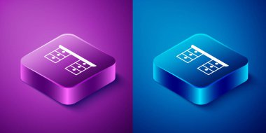 Isometric Office desk icon isolated on blue and purple background. Square button. Vector.