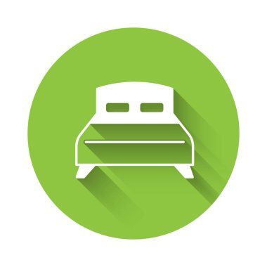 White Big bed for two or one person icon isolated with long shadow background. Green circle button. Vector.