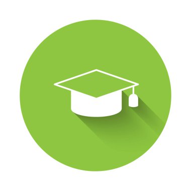 White Graduation cap icon isolated with long shadow background. Graduation hat with tassel icon. Green circle button. Vector.