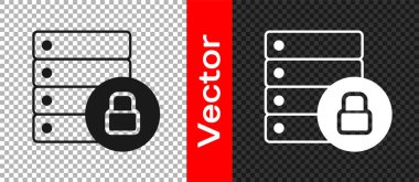Black Server security with closed padlock icon isolated on transparent background. Database and lock. Security, safety, protection concept. Vector.