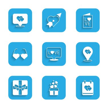 Set Love text Gift box with hearts Calendar Location Heart shaped love glasses Valentines day party flyer and icon. Vector.