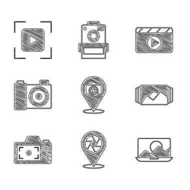 Set Photo camera Camera shutter retouching frame Movie clapper and focus line icon. Vector.