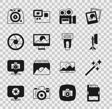 Set SD card Photo retouching Studio light bulb softbox Retro cinema camera Camera shutter and flash icon. Vector.