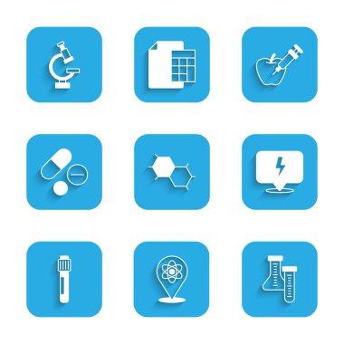 Set Chemical formula Atom Test tube Lightning bolt Medicine pill tablet Genetically modified apple and Microscope icon. Vector.
