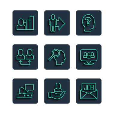 Set line Freelancer Worker Search job Magnifying glass for search Exchange work Productive human and Project team base icon. Vector.