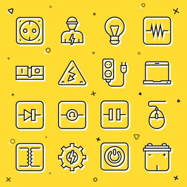 Set line Car battery Computer mouse Laptop Creative lamp light idea High voltage Electric switch Electrical outlet and extension icon. Vector.