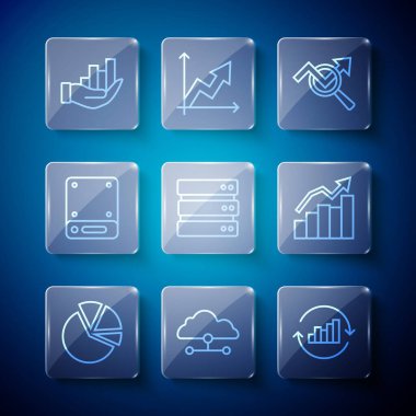 Set line Pie chart infographic Network cloud connection Search data analysis Server and Financial growth icon. Vector.