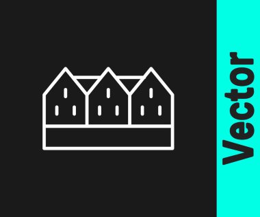 White line Icelandic wooden house icon isolated on black background. Architecture element of Iceland. Vector.