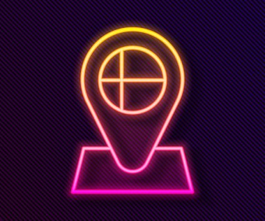 Glowing neon line Location marker with round flag nation of Iceland con isolated on black background. Vector.