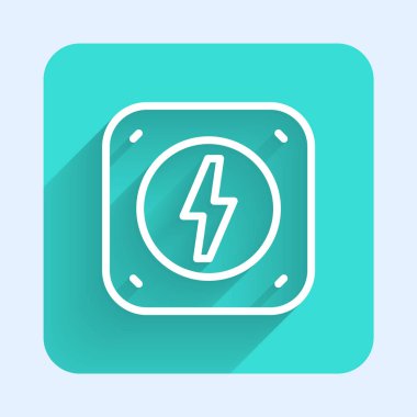 White line Lightning bolt icon isolated with long shadow background. Flash sign. Charge flash icon. Thunder bolt. Lighting strike. Green square button. Vector.