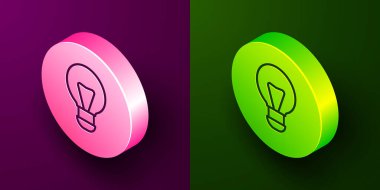 Isometric line Creative lamp light idea icon isolated on purple and green background. Concept ideas inspiration, invention, effective thinking, knowledge and education. Circle button. Vector.