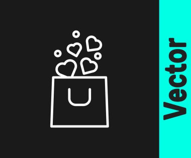 White line Shopping bag with heart icon isolated on black background. Shopping bag shop love like heart icon. Happy Valentines day. Vector.