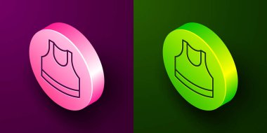 Isometric line Female crop top icon isolated on purple and green background. Undershirt. Circle button. Vector.