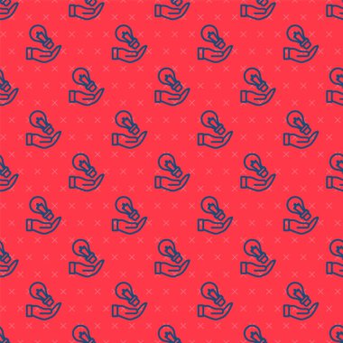 Blue line Light bulb in hand with concept of idea icon isolated seamless pattern on red background. Energy and idea symbol. Inspiration concept. Vector.