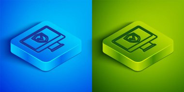 Isometric line Insurance online icon isolated on blue and green background. Security, safety, protection, protect concept. Square button. Vector.