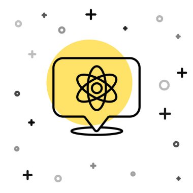 Siyah çizgi Atom simgesi beyaz arkaplanda izole edildi. Bilimin, eğitimin, nükleer fiziğin, bilimsel araştırmaların sembolü. Rastgele dinamik şekiller. Vektör.